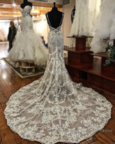 Sheath V-neck Wide Strap Floor Length Backless Tulle Lace Applique Wedding Dress